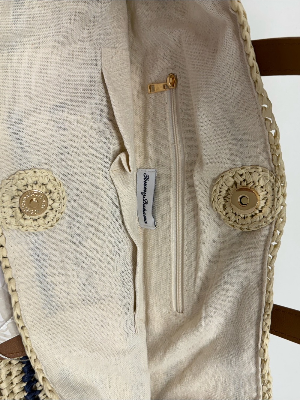 Tommy Bahama Cream and Navy Woven Straw Tote with Brown Handles NWT - Picture 6 of 8